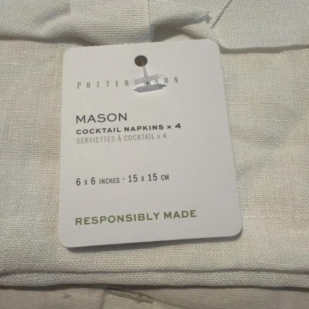 Pottery Barn Mason SET OF 4 Cocktail Napkins WHITE  6